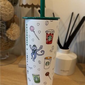 Starbucks White Tumbler with Green Lid and Fun Graphics